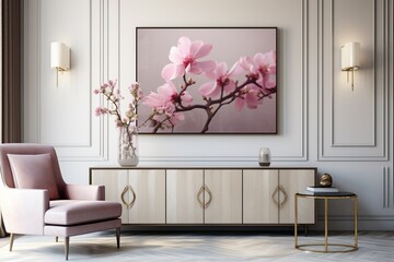 Cabinet TV in a modern living room adorned with a luxurious armchair, elegant lamp, exquisite table, and delicate flowers