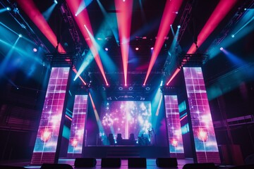 Colorful Led Panels On Stage Surrounded By Laser Lights And Holographic Displays