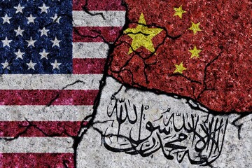 USA, China and Taliban painted flags on a wall with a crack. United States of America, China and Taliban relations