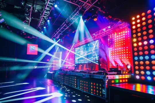 Vibrant Led Panels Set On Stage Amidst Laser Lights And Holographic Displays