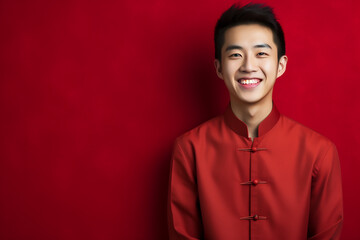 Fototapeta premium portrait of a man wearing red Chinese clothing to commemorate Chinese New Year with generative ai