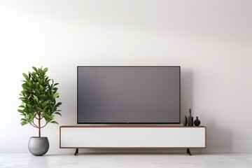 Cabinet TV in a modern living room with a plant against a pristine white wall, creating an atmosphere of sophisticated simplicity