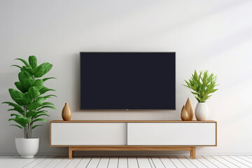 Cabinet TV in a modern living room with a plant against a pristine white wall, creating an atmosphere of sophisticated simplicity
