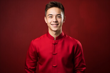 Obraz premium portrait of a man wearing red Chinese clothing to commemorate Chinese New Year with generative ai