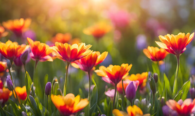Obraz premium Sunny spring field: Vibrant flowers under the sun