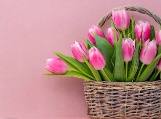 Basket of tulip pink flowers isolated on pink background with copy space
