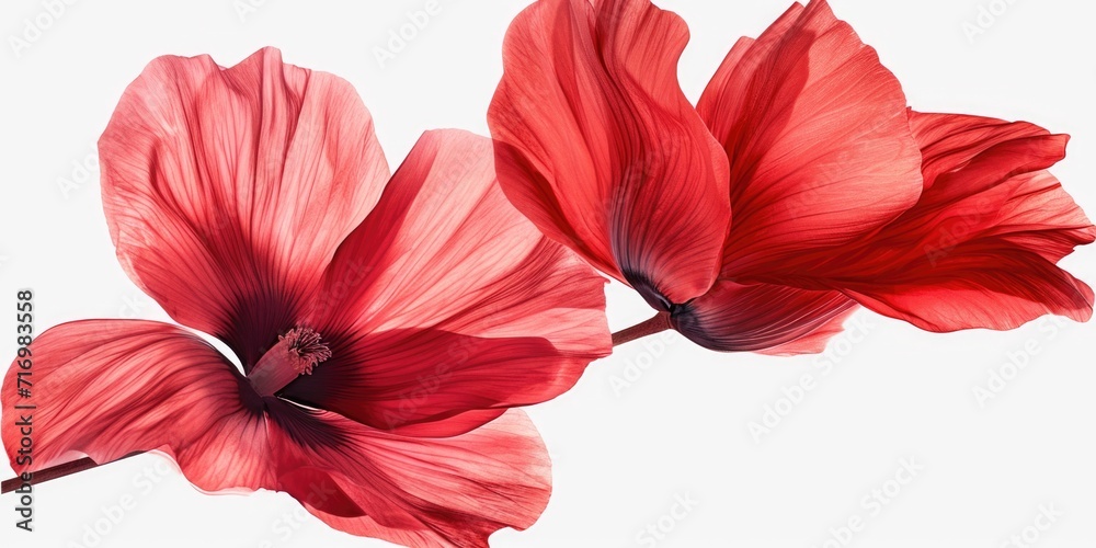 Poster Two red flowers in a close-up shot against a plain white background. Perfect for adding a pop of color to any design project