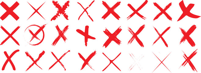 Red Cross Marks Vector Set. Error, decline, cancel icons on white background. Ideal for error messages, apps, web usage. Clear visuals for denial or wrong actions