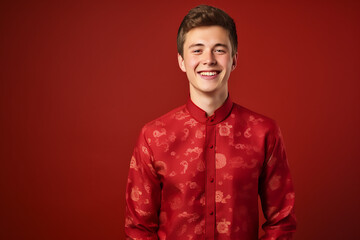 Fototapeta premium portrait of a man wearing red Chinese clothing to commemorate Chinese New Year with generative ai