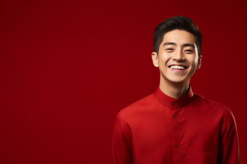 Obraz premium portrait of a man wearing red Chinese clothing to commemorate Chinese New Year with generative ai