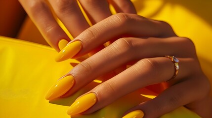 Beautiful female hands with yellow almond manicure close-up, modern stylish nail design, mountain peak, ring on a finger
