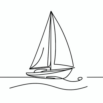 Silhouette Illustration of a Sailboat Gracefully Sailing at Sea, Crafted with a Fluid Black Line, Set Against a Light Background - A Timeless Image Capturing the Essence of Maritime Beauty