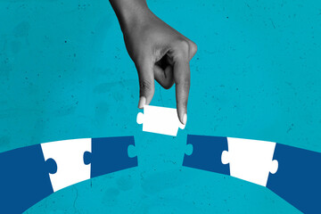 Collage picture illustration image monochrome effect caricature unusual hand put jigsaw together creative turquoise background