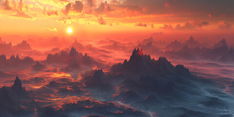 3d render. Fantasy landscape of black rocky mountains under the sunset sky. Abstract panoramic background, generative ai