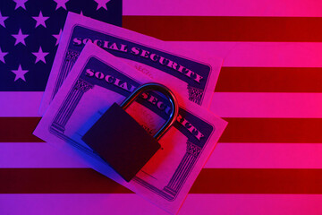 Padlock and social security card on United States flag close up. Identity theft and identity...