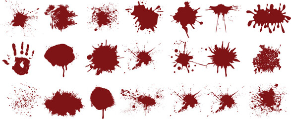 Blood splatter vector set, realistic red stains, drops, handprint. Ideal for horror, crime scene, Halloween designs. High-quality detailed graphics on a white background - obrazy, fototapety, plakaty