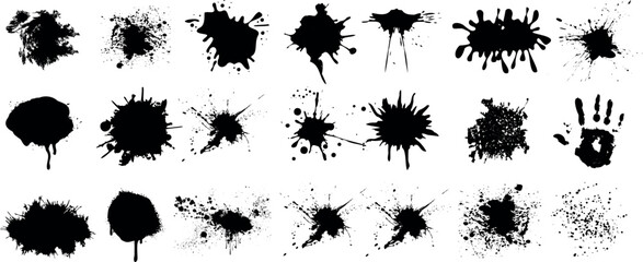 Black paint splatter vector set, grunge texture elements on white background. Ideal for artistic design, overlays, textile prints