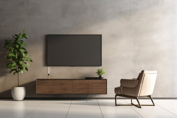 Cabinet TV in a modern living room with an armchair and a plant against a concrete wall, epitomizing a stylish and luxurious ambiance