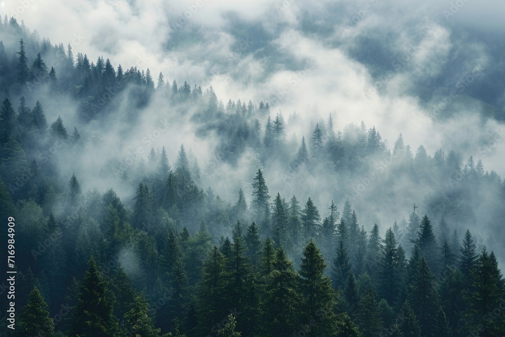 Aufkleber A misty forest scene with numerous trees covered in fog. Ideal for creating a mysterious and atmospheric ambiance. Suitable for various uses