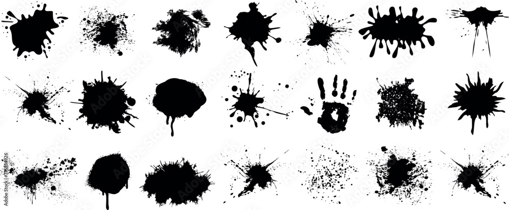 Wall mural ink splatter, paint splatter vector set, black paint splashes on white background, artistic design e