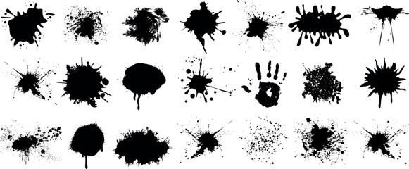 Ink splatter, paint splatter vector set, black paint splashes on white background, artistic design elements. Ideal for logos, branding, abstract art designs