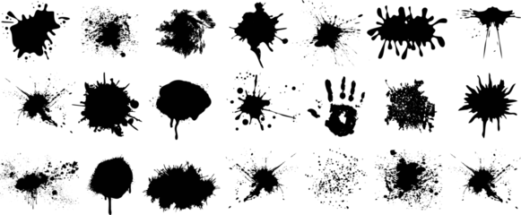 Rolgordijnen Ink splatter, paint splatter vector set, black paint splashes on white background, artistic design elements. Ideal for logos, branding, abstract art designs © Arafat
