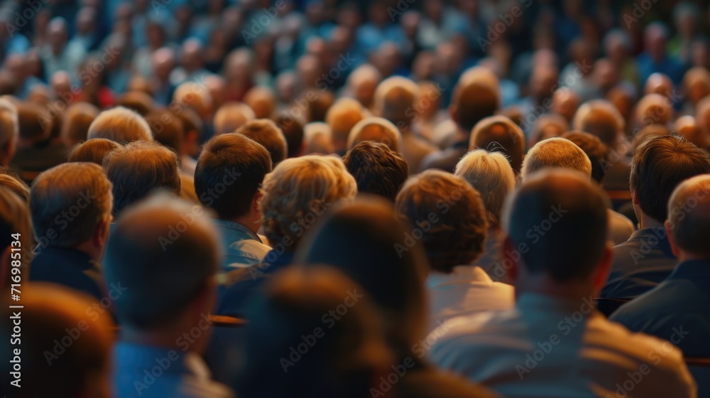 Poster a large group of people sitting in front of a stage. perfect for event or concert promotions