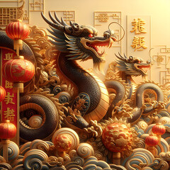 Obraz premium Chinese happy New Year of the dragon Chinese Zodiac 3d illustration background