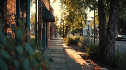 A street with a sidewalk and trees on both sides. This image can be used to depict a peaceful urban...