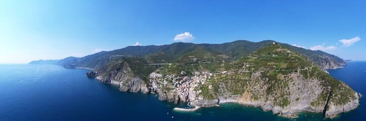 Aerial view of Riomaggiore: Riomaggiore in the province of La Spezia, Liguria. An ancient fishing...