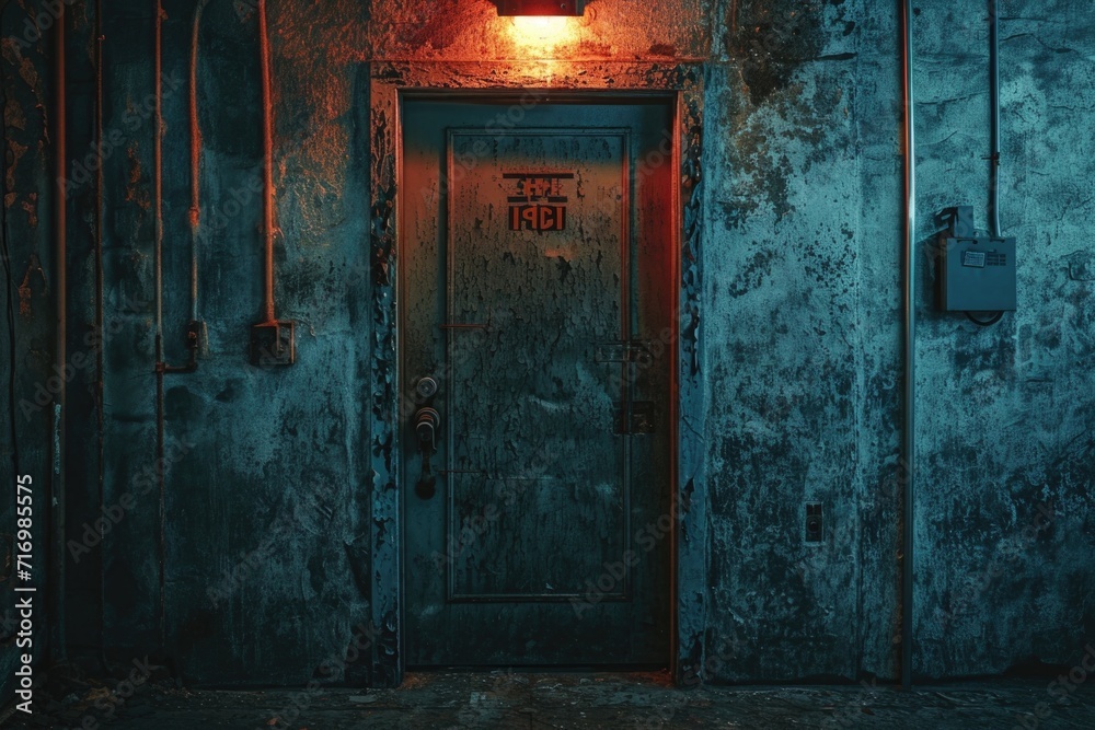 Poster A door with a bright light shining on it. Perfect for adding a touch of warmth and mystery to your designs