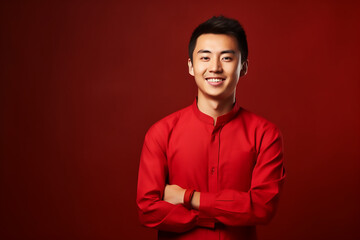 portrait of a man wearing red Chinese clothing to commemorate Chinese New Year with generative ai