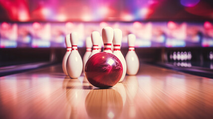 Bowling ball and skittles on the bowling alley, retro toned - obrazy, fototapety, plakaty