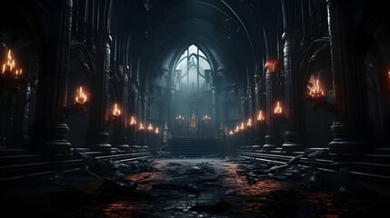 Majestic gothic dark fantasy castle hall with throne and torches, perfect for fantasy settings