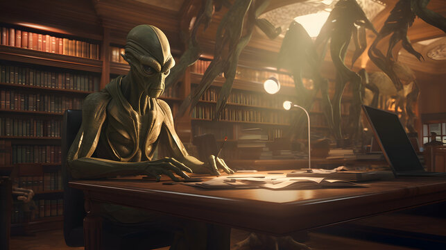 An extraterrestrial being, alien, reading a book in an expansive cosmic library, science fiction day concept