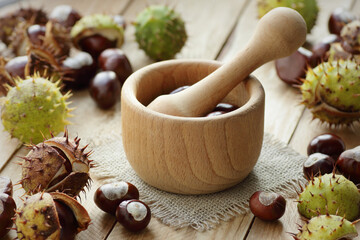 Hourse chestnut extract with seeds on wooden rusric table, closeup, copy space, green medicine,...
