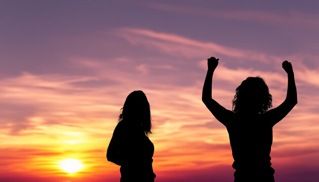 A silhouette of a woman raising her fist in the air with a sunset background