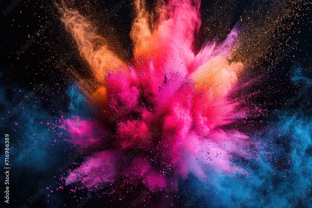 Poster a vibrant pink and blue powder cloud suspended in the air. this image captures the dynamic and color