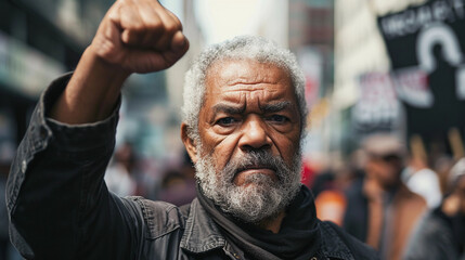 Afro senior man with raised fist angry expression