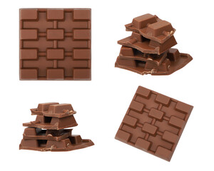 A pile of chocolate isolated on a transparent background. Milky chocolate stacked on top of each other. Whole bar chocolate, png isolated.