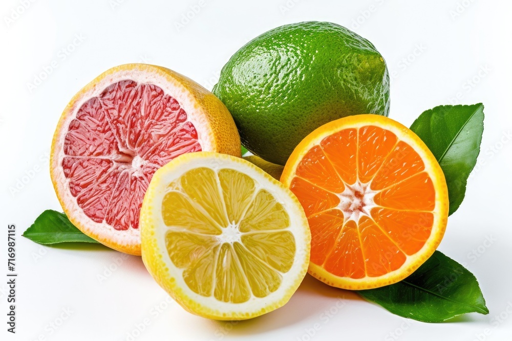 Poster a group of citrus fruits cut in half. perfect for adding a fresh touch to any food or beverage relat