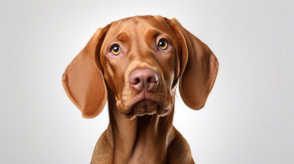 Portrait of a hungarian vizsla dog on gray background