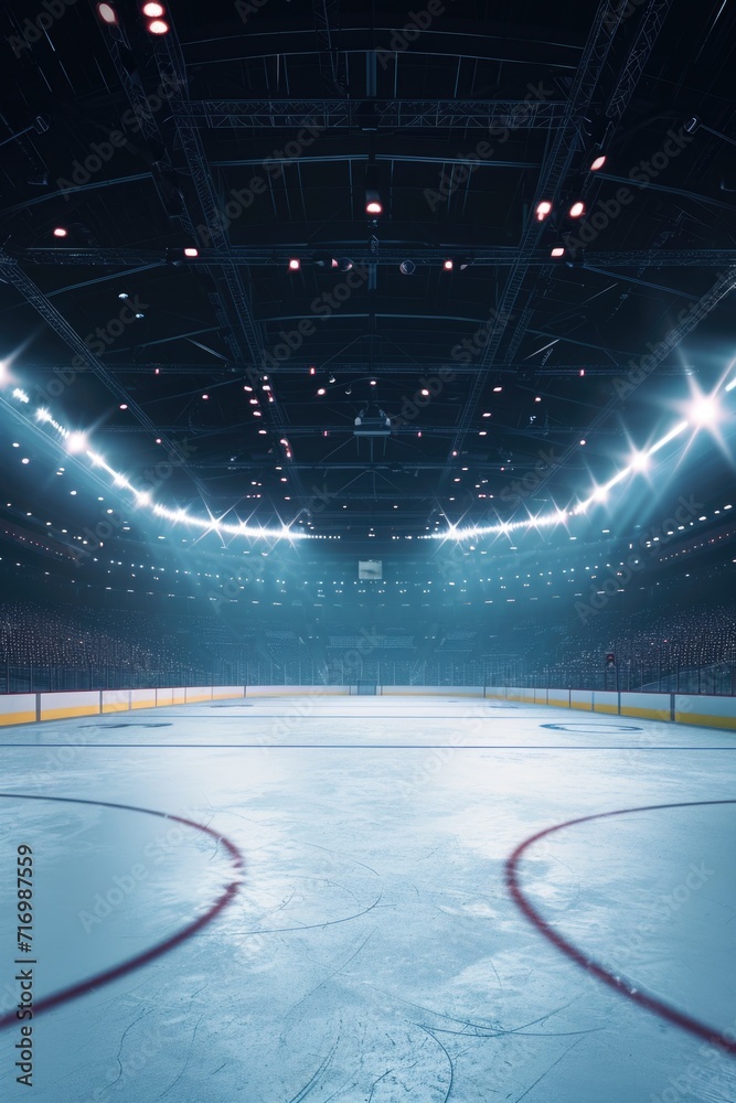 Poster an empty hockey rink with lights shining on the ice. suitable for sports-related designs and concept
