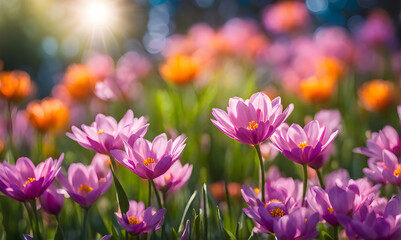 Obraz premium Sunny spring field: Vibrant flowers under the sun