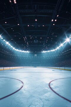 An empty hockey rink with lights shining on the ice. Suitable for sports-related designs and concepts