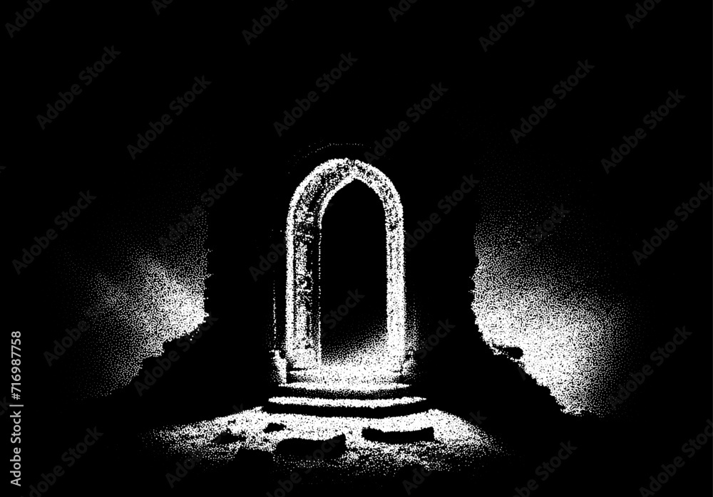 Poster Ancient ruins in sci-fi scene with dotwork retro style. Mysterious gate debris with dramatic lights and retro texture