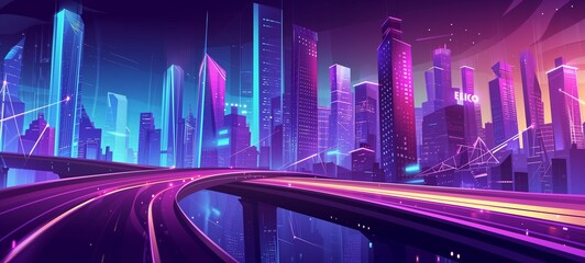Futuristic cityscape with neon lights and highway flyover. Perfect for dynamic, urban, and high-tech themes.