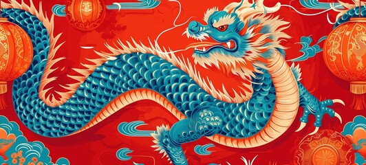 Vibrant Chinese dragon illustration with ornate lanterns and clouds, set against a red backdrop. Great for festive and cultural themes.