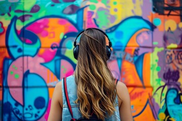 Fashionable Hipster Woman Enjoys Music Amid Vibrant Street Art Backdrop