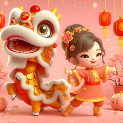 Naklejka premium Chinese New Year cute little girl performing dragon dance 3d Peach Fuzz color background